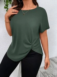 SHEIN LUNE Plus Twist Hem Batwing Sleeve Tee - Army Green - View 1