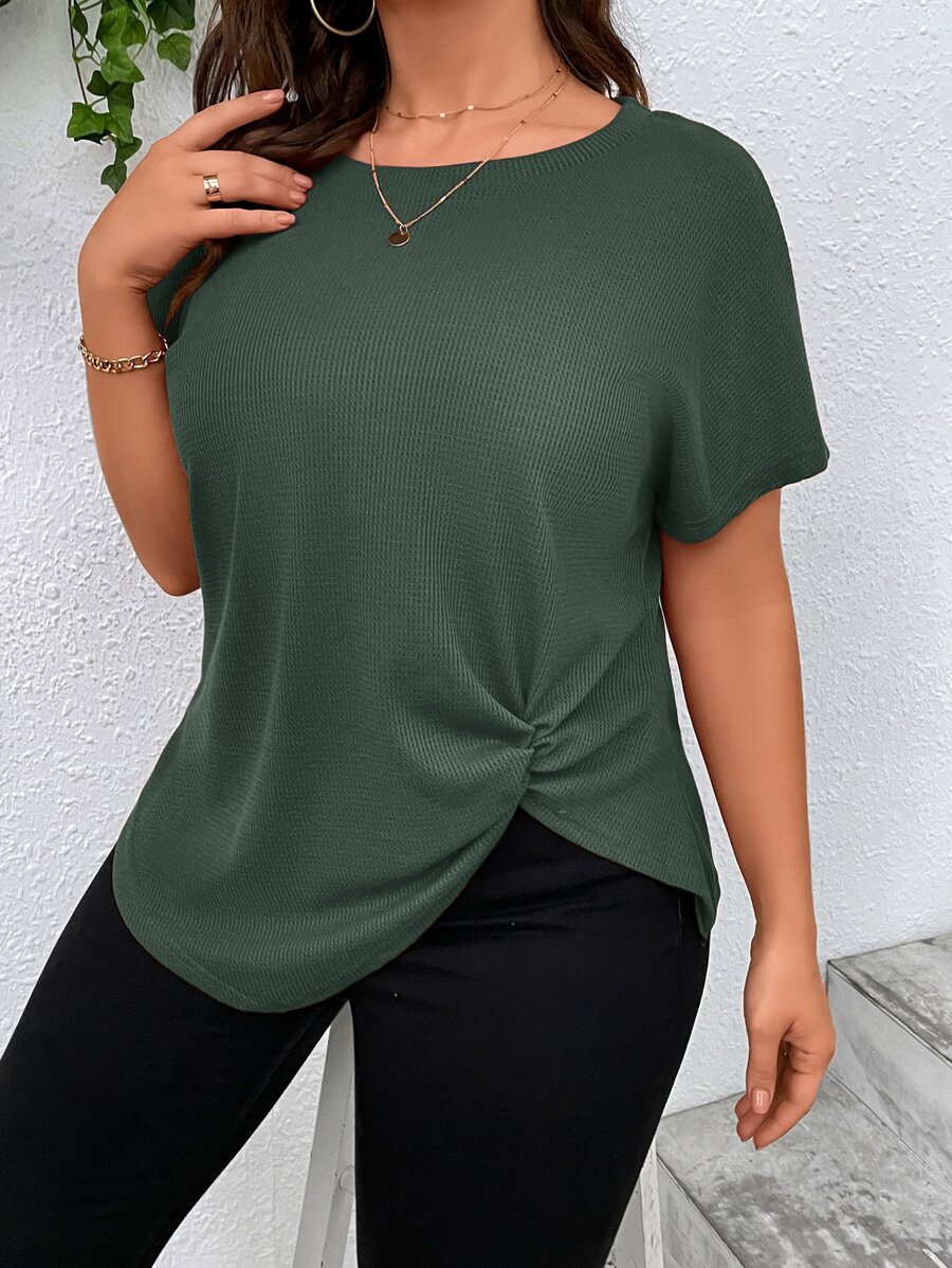 SHEIN LUNE Plus Twist Hem Batwing Sleeve Tee - Army Green - View 1