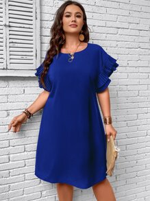 SHEIN Clasi Đầm Plus Size Xù màu trơn Giải trí - Màu xanh lam - Xem 5