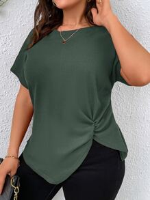 SHEIN LUNE Plus Twist Hem Batwing Sleeve Tee - Army Green - View 3