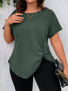 SHEIN LUNE Plus Twist Hem Batwing Sleeve Tee - Army Green - View 4