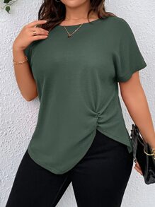 SHEIN LUNE Plus Twist Hem Batwing Sleeve Tee - Army Green - View 5