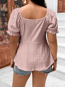 Calvaya Plus Eyelet Embroidery Drawstring Front Puff Sleeve Tee - Dusty Pink - View 2