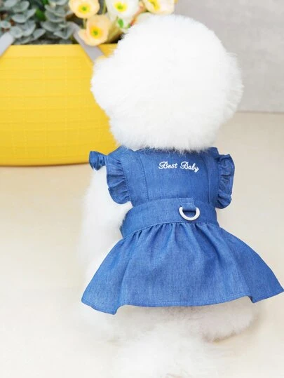 1入組字母刺繡荷葉邊寵物連衣裙適用於貓和狗狗適用於派對