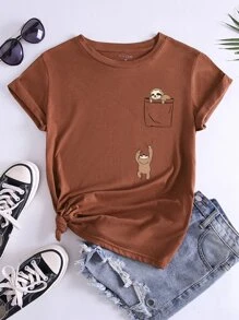 INAWLY Cartoon Graphic Tee Graphic Tees Women Tops - Rust Brown - View 1