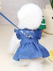 1入組字母刺繡荷葉邊寵物連衣裙適用於貓和狗狗適用於派對 - 藏蓝色 - 查看 6