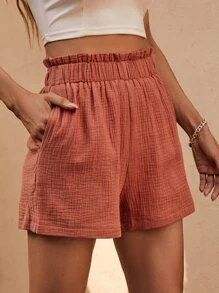 SHEIN LUNE 假期休閒棕色雙層褶皺紗布短褲，帶扇貝細節 - 鏽棕色 - 查看 4