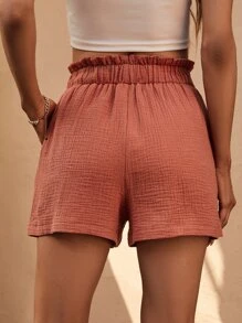 SHEIN LUNE 假期休閒棕色雙層褶皺紗布短褲，帶扇貝細節 - 鏽棕色 - 查看 2