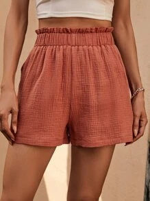 SHEIN LUNE 假期休閒棕色雙層褶皺紗布短褲，帶扇貝細節 - 鏽棕色 - 查看 1