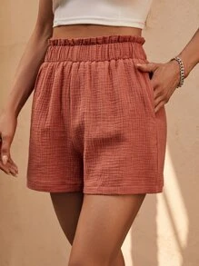 SHEIN LUNE 假期休閒棕色雙層褶皺紗布短褲，帶扇貝細節 - 鏽棕色 - 查看 6