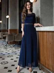 MIUSOL Contrast Lace Chiffon Panel Evening Party Dress - Navy Blue - View 7