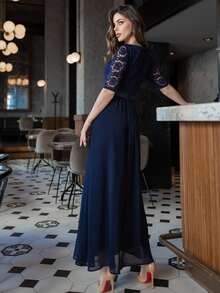 MIUSOL Contrast Lace Chiffon Panel Evening Party Dress - Navy Blue - View 3
