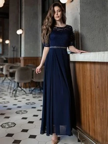 MIUSOL Contrast Lace Chiffon Panel Evening Party Dress - Navy Blue - View 4