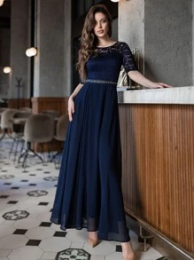 MIUSOL Contrast Lace Chiffon Panel Evening Party Dress - Navy Blue - View 2
