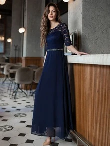 MIUSOL Contrast Lace Chiffon Panel Evening Party Dress - Navy Blue - View 6