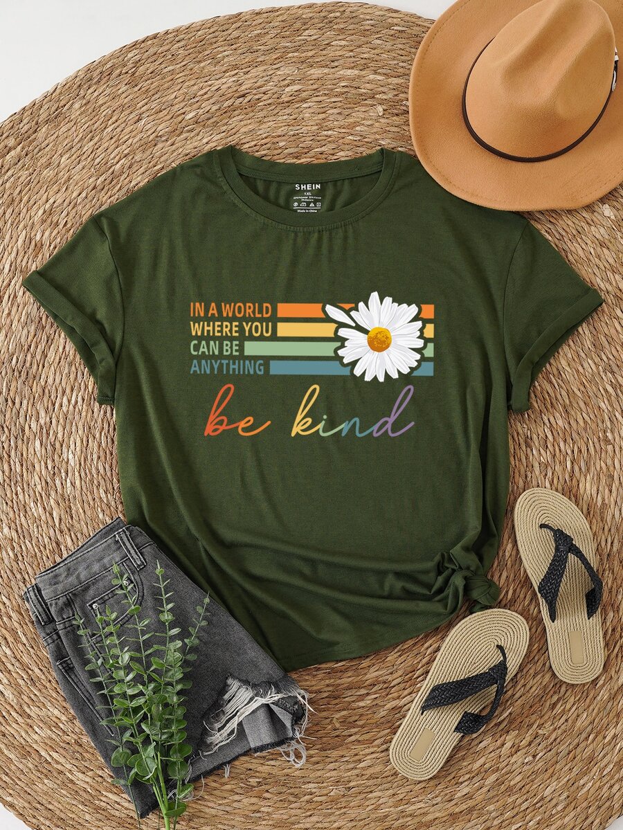 SHEIN LUNE Plus Floral And Slogan Graphic Tee - Army Green - View 1