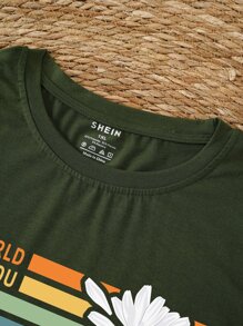 SHEIN LUNE Plus Floral And Slogan Graphic Tee - Army Green - View 4