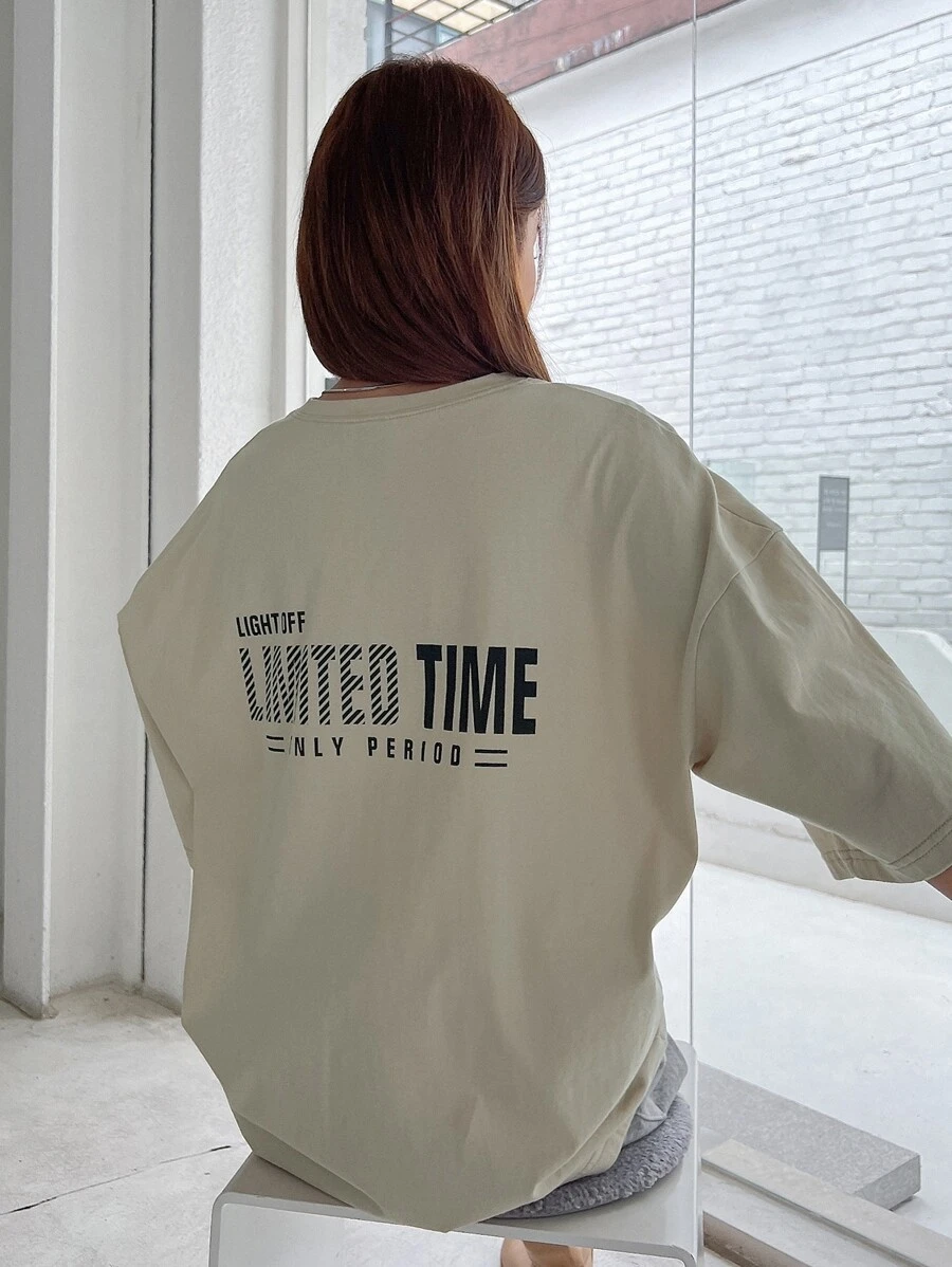 DAZY 標語圖形下垂肩t恤 - 卡其色 - 查看 1