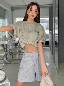 DAZY 標語圖形下垂肩t恤 - 卡其色 - 查看 7