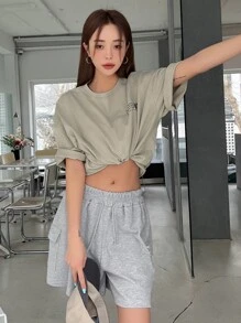 DAZY 標語圖形下垂肩t恤 - 卡其色 - 查看 8