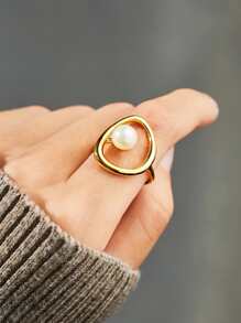 1 chiếc nhẫn hình dạng bất đối xứng bằng bạc Sterling S925 đính ngọc trai giả dành cho phụ nữ, quà tặng Ngày của Mẹ đơn giản và phong cách - Nhiều màu - Xem 2