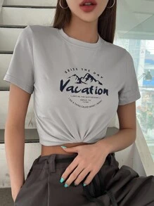 DAZY Mountain & Slogan Graphic Crop Tee - Grey - View 1