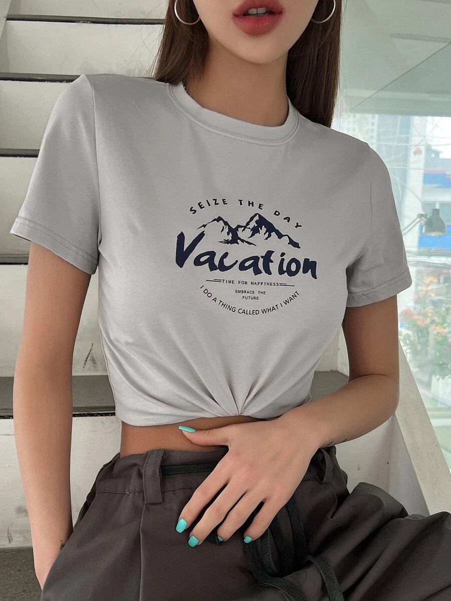 DAZY Mountain & Slogan Graphic Crop Tee - Grey - View 1