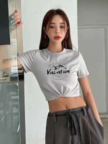 DAZY Mountain & Slogan Graphic Crop Tee - Grey - View 4