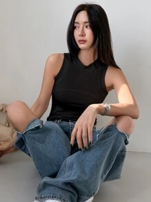 DAZY Chất rắn Đồ đan Ribbed Áo ba lỗ - màu đen - Xem 1