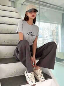 DAZY Mountain & Slogan Graphic Crop Tee - Grey - View 5
