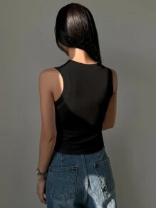 DAZY Chất rắn Đồ đan Ribbed Áo ba lỗ - màu đen - Xem 2