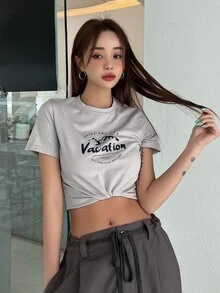 DAZY Mountain & Slogan Graphic Crop Tee - Grey - View 8