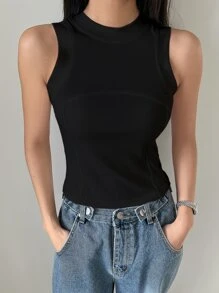 DAZY Chất rắn Đồ đan Ribbed Áo ba lỗ - màu đen - Xem 5