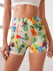 Yoga Trendy 筆刷圖案寬腰帶運動短褲 - 杏色 - 查看 2