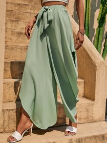 SHEIN LUNE Tie Front Asymmetrical Hem Wide Leg Trousers - Mint Green - View 3