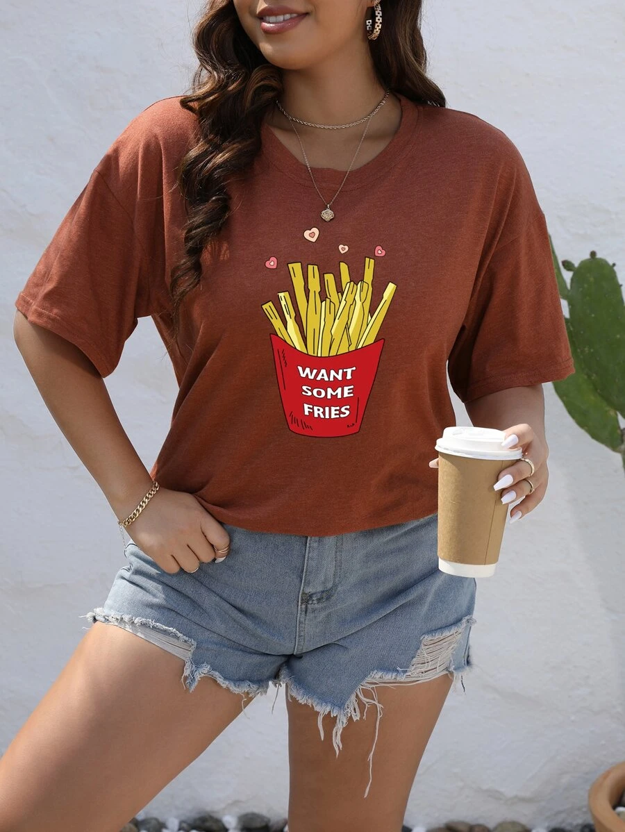 SHEIN LUNE Plus Slogan & Fries Print Drop Shoulder Tee - Burnt Orange - View 1