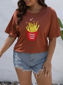 SHEIN LUNE Plus Slogan & Fries Print Drop Shoulder Tee - Burnt Orange - View 3