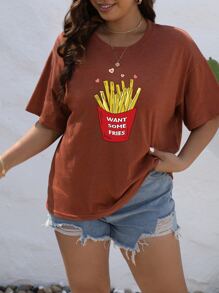 SHEIN LUNE Plus Slogan & Fries Print Drop Shoulder Tee - Burnt Orange - View 4