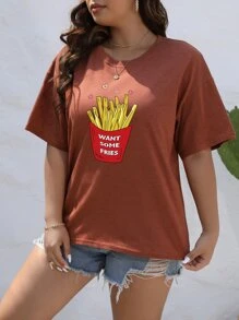 SHEIN LUNE Plus Slogan & Fries Print Drop Shoulder Tee - Burnt Orange - View 5
