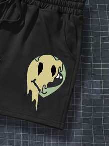 Manfinity Homme 男士卡通和標語圖案腰部抽繩短褲 - 黑色 - 查看 4