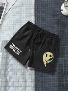 Manfinity Homme 男士卡通和標語圖案腰部抽繩短褲 - 黑色 - 查看 5