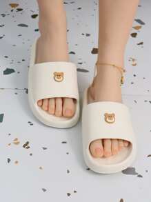Women Bear Decor Slides, Cute Indoor Plastic Single Band Slides - White - View 2