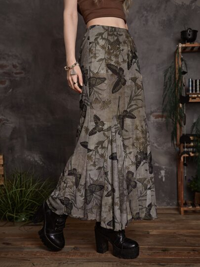 Goth Falda con estampado de mariposa de malla
