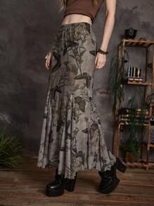 ROMWE Goth Butterfly Print Mesh Skirt