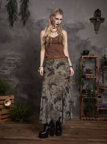 ROMWE Goth Butterfly Print Mesh Skirt