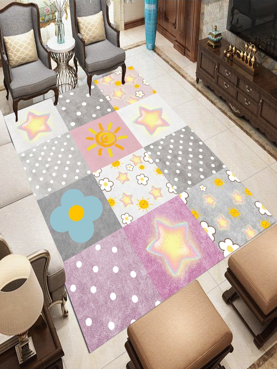 1pc Polyester Rug, Cute Sun & Star Pattern Bedroom Rug For Home - Multicolor - View 1