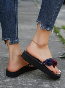 女士花和人造珍珠裝飾夾腳時尚夏天織物T字帶涼鞋