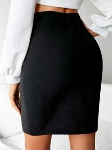 EURMUSE Solid High Waist Bodycon Skirt - Black - View 2