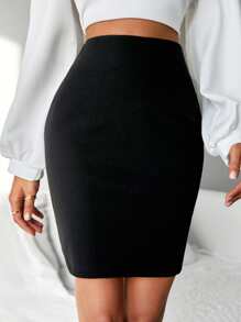 EURMUSE Solid High Waist Bodycon Skirt - Black - View 1