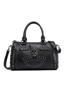 Túi tote công suất lớn Túi xách hình đầu lâu màu đen Túi tote pu, phong cách Halloween Y2K, Punk, túi mới lạ đính đá trang trí Trick Or Treat - màu đen - Xem 1